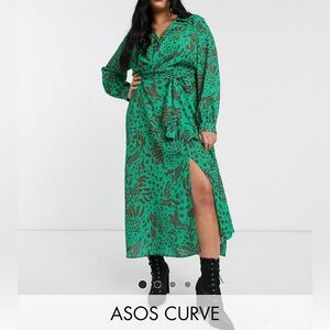 ASOS Curve - Green Leopard Print, Wrap Front Midi Dress
